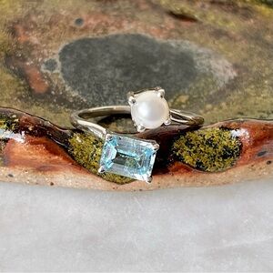 Sterling Silver Sky Blue Topaz and Freshwater Pearl Adjustable Cuff Ring